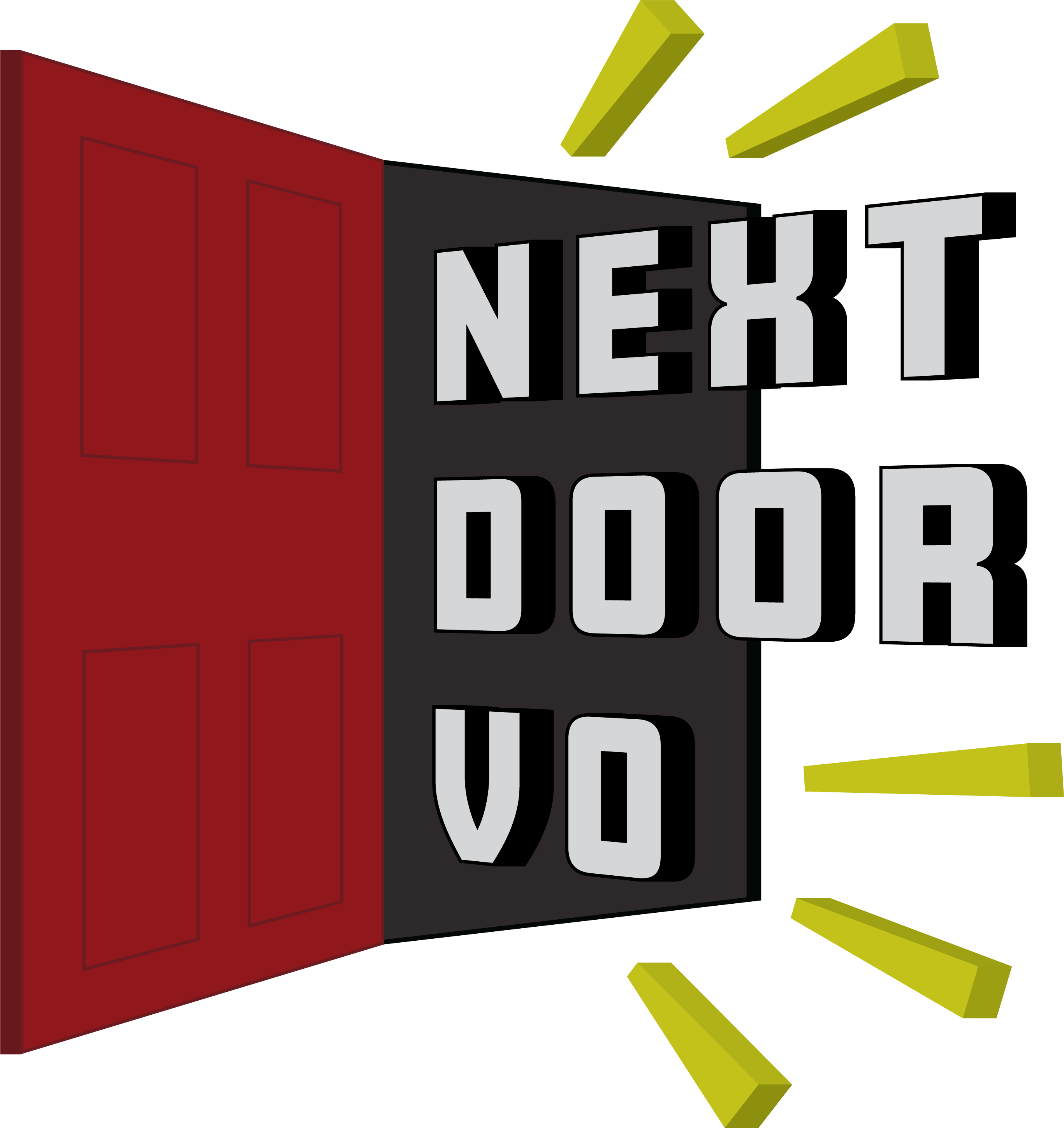Logo - The words Next Door VO kicking open a red door with yellow action lines appearing out from the sides
